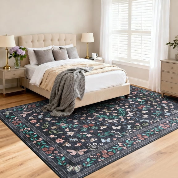 5x7 Black Insect Washable Area Rug for Living Room: Butterfly Washable Living Room Area Rug Non Slip Bedroom Carpet Under Bed Low Pile Large Carpet with Non Slip Backing 5x7 Black
