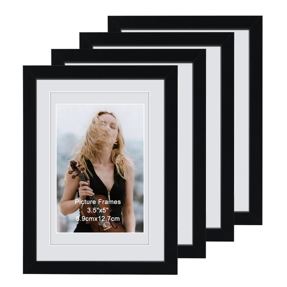 5x7 Black Picture Frame with Double White Mat Set of 4, for 3.5x5 to 5x7 Photos