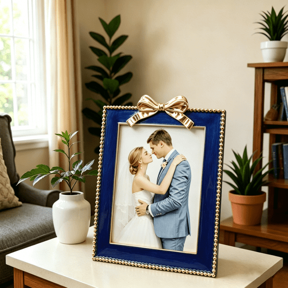 5x7 Blue Bow Metal Picture Frame Decor Ornate Antique Enamel Photo Frames with Glass Front, Art Decor Tabletop Display, Gifts Ideas , Horizontally & Vertically,Home Decor