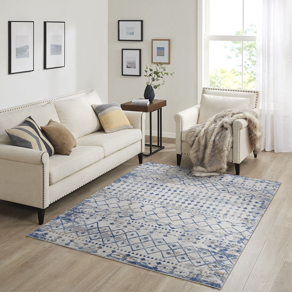 5x7 Blue Cream Geometric Rug Medium Pile Stain Fade Resistant Non-Slip Latex Backing Easy Clean for High-Traffic Living Room