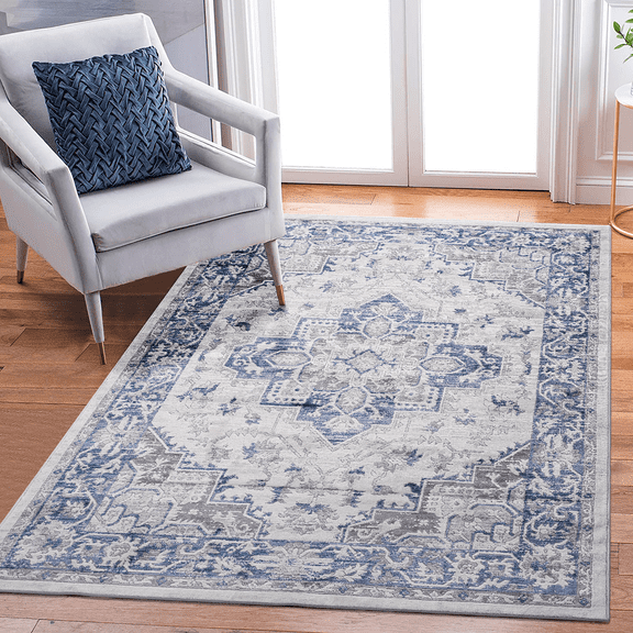 5x7 Blue Grey Oriental Area Rug Stain Resistant Non Shedding Soft Loop Pile Kid Pet Friendly Durable For Living Room Bedroom Dining Room Home Office