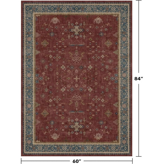 5x7 Boho Dark Red Rug for Living Room - Vintage Oriental Revival Low-Pile Carpet for Bedroom, Dining Table, Home Office, Machine Washable Area Rug Non-Slip with Rubber Back
