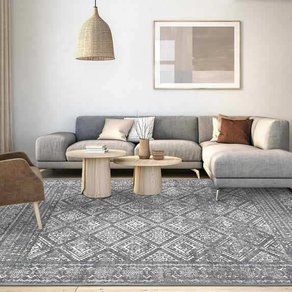 5x7 Boho Distressed Washable Rug Indoor Soft Low Pile Anti-Slip Aesthetic Vintage Non-Shedding Throw Carpet for Living Room Bedroom Farmhouse Playroom Nursery Grey