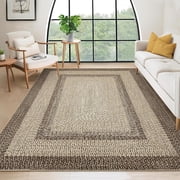 5x7 Braided Print Bordered Area Rug, Non Slip Washable Low Pile Stain Resistant Carpet for Living Room Bedroom,Natural color