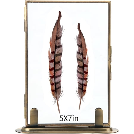 5x7 Brass Floating Frame Vintage Gold Picture Frames, Double Glass Pressed Flower Frame with Metal Stand, Tabletop Shelf Photo Frame Decor for Wedding Home Office
