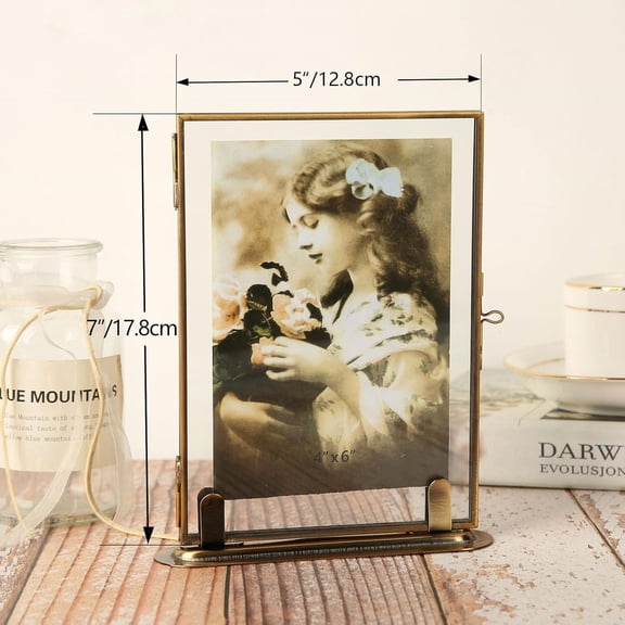 5x7 Brass Floating Frame Vintage Gold Picture Frames, Double Glass Pressed Flower Frame with Metal Stand, Tabletop Shelf Photo Frame Dr for Wedding Home Office