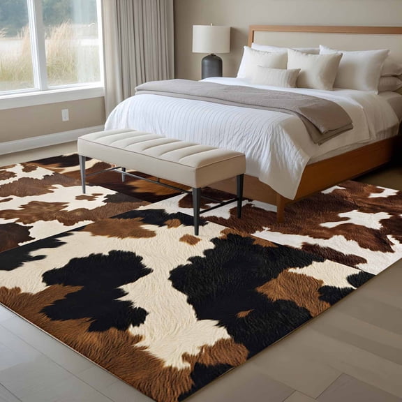 5x7 Brown Cowhide Spots Area Rug for Living Room, Washable Non Slip Low Pile Soft Indoor Rug for Bedroom Dining Room, Cream White Background Standard Room Rug