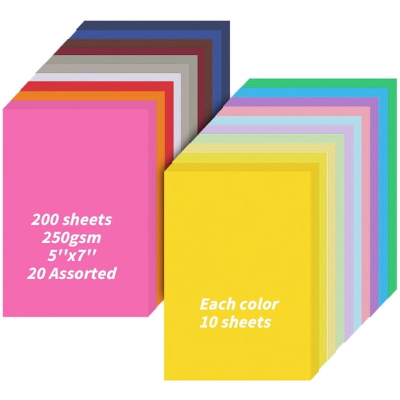 5x7 Cardstock, 200 Sheets 20 Assorted Colors Blank Cards, 250GSM Thick Paper for Invitations, Greeting Cards, Postcards, School Crafts, Easter, Halloween, Christmas Decor