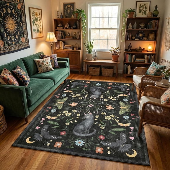 5x7 Cat Area Rug Black Washable Rugs for Living Room Bedroom, Soft Mushroom Floral Low Pile Non Slip Floor Mat Animal Print Throw Rug Indoor Carpet for Dorm Playroom Gothic Decor