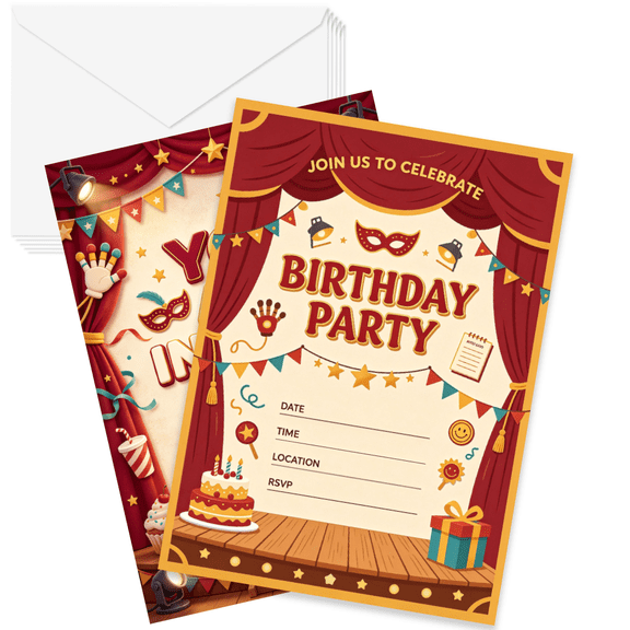 5x7 Children Party Invitations, 20 FillIn Invite Cards Including Envelopes, Birthday SuppliesBIRTHDAY CAR016