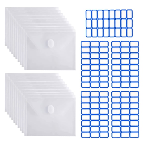 5x7 Clear Envelopes Plastic with Hook & Loop Closure for Receipts Checks Storage 20 Pack and 5 Labels