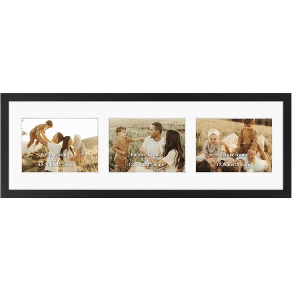 5x7 Collage Picture Frame 3 Openings Horizontal, Textured Metal 8x24 Frame Matted to Three 5x7 Photos with Mat, Wall Display, Black