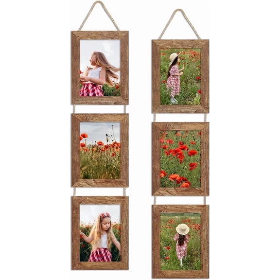 5x7 Collage Picture Frames Set of 2, Rustic Wooden Real Glass Vertical Hanging 3 Opening 5 by 7 Photo Frame, Rustic Brown