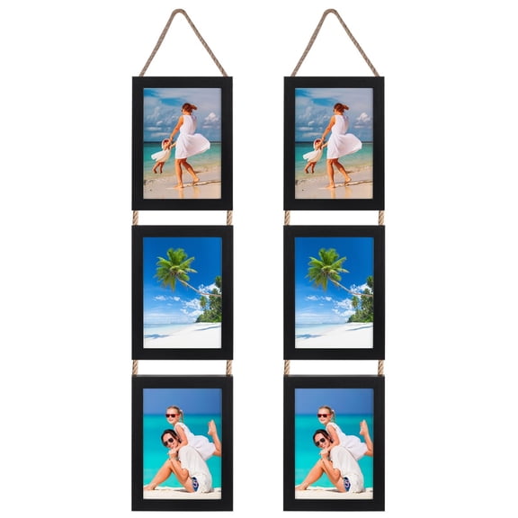 5x7 Collage Triple Picture Frames Set, Black 6 Opening Hanging Vertical Frame Made to Display 5 by 7 Inch Photo Print for Wall Decor