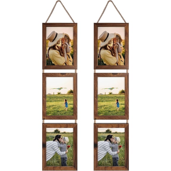 5x7 Collage Triple Picture Frames Set, Walnut Brown 6 Opening Hanging Vertical Frame Made to Display 5 by 7 Inch Photo Print for Wall Decor