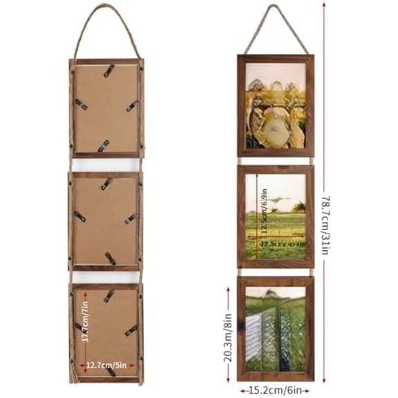 5x7 Collage Triple Picture Frames Set, Walnut Brown 6 Opening Hanging Vertical Frame Made to Display 5 by 7 Inch Photo Print for Wall Decor