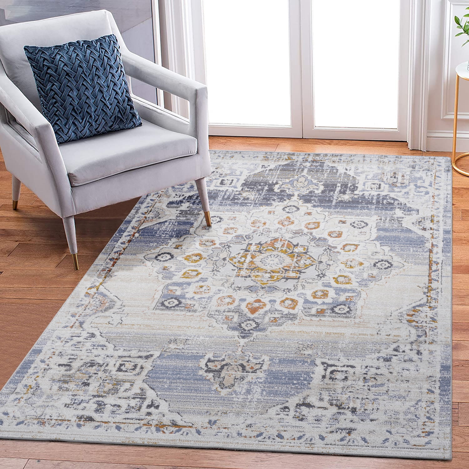 5x7 Cream Gold Medallion Area Rug Stain Resistant Non Shedding Soft Loop Pile Kid Pet Friendly Durable For Living Room Bedroom Dining Room Home Office