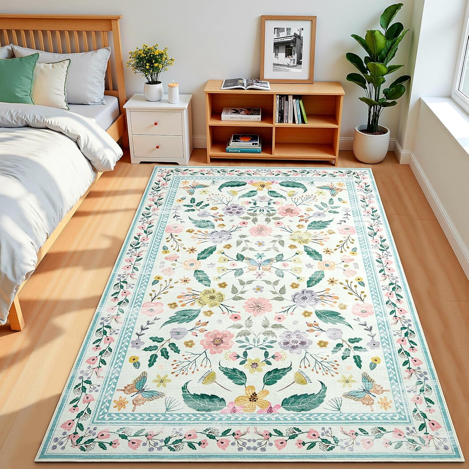 5x7 Dark Green Floral Area Rug for Living Room,Boho Machine Washable ...