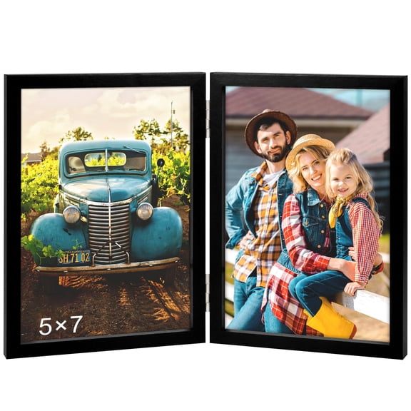 5x7 Double Hinged Picture Frames, Wood Folding Photo Frame for Tabletop, Plexiglass Front for Clarity, Black