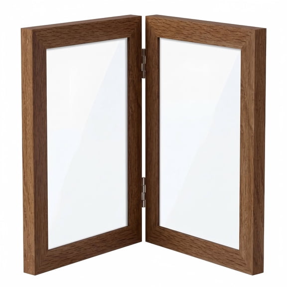 5x7 Double Photo Frame Vertical, Solid Oak Hinged Frame with 2 Openings, Folding Family Collage Frame for Tabletop or Wall Display, Includes Real Glass and Hanging Hardware, Walnut