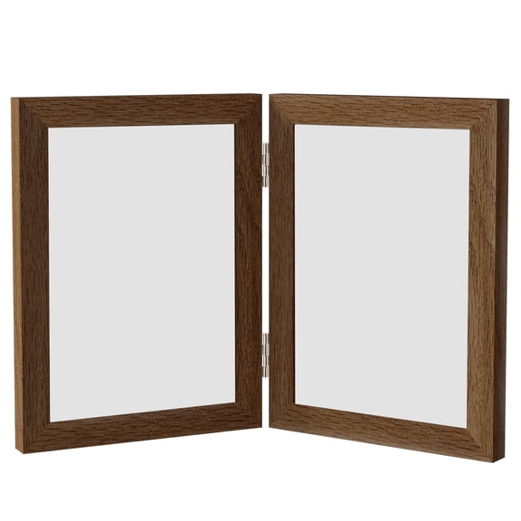 5x7 Double Photo Frame Vertical, Solid Oak Hinged Frame with 2 Openings, Folding Family Collage Frame for Tabletop or Wall Display, Includes Real Glass and Hanging Hardware, Walnut