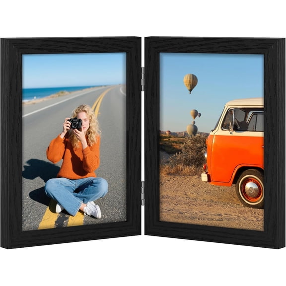 5x7 Double Picture Frame, Hinged 2 Opening MDF Photo Frames with Plexiglass, Vertical Tabletop Stand, Black