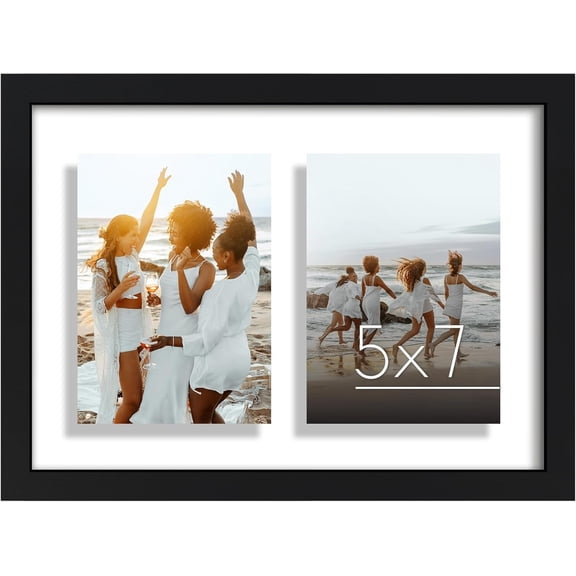 5x7 Double Picture Frame with Shatter-Resistant Glass - Fits Two 5x7 Photos or use as One 10x14 Picture Frame - Signature Collection - Collage Frames with Floating Effect - Black