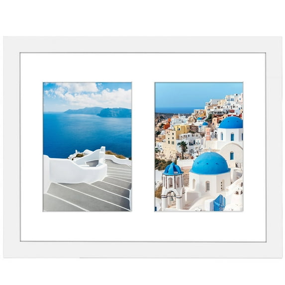 5x7 Double Picture Frame in White - Composite Wood with Shatter Resistant Glass - Horizontal and Vertical Formats for Wall