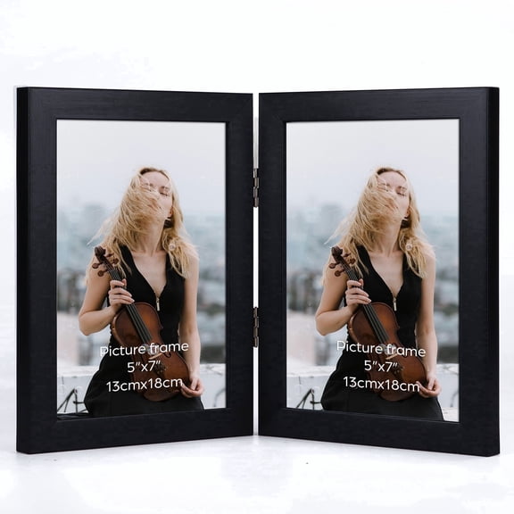 5x7 Double Picture Frame, Black Hinged Folding Frame for Tabletop Standing, Gift for Father 's Day or Wedding