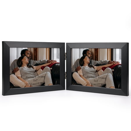 5x7 Double Picture Frame with Real Glass Display Horizontal 5 by 7 Photo, Hinged Folding Frame for Tabletop Standing, Black