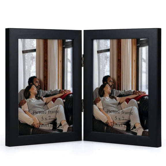 5x7 Double Picture Frame with Real Glass Display Vertical 5 by 7 Photo, Hinged Folding Frame for Tabletop Standing, Black