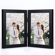 5x7 Double Picture Frame with Real Glass Display Vertically 5 by 7 Photo, Black Hinged Folding Frame for Tabletop Standing