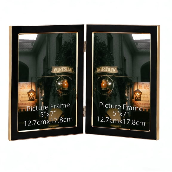 5x7 Double Aluminum Picture Frame with Tempered Glass, Metal Hinged Frame for Tabletop or Wall, Black