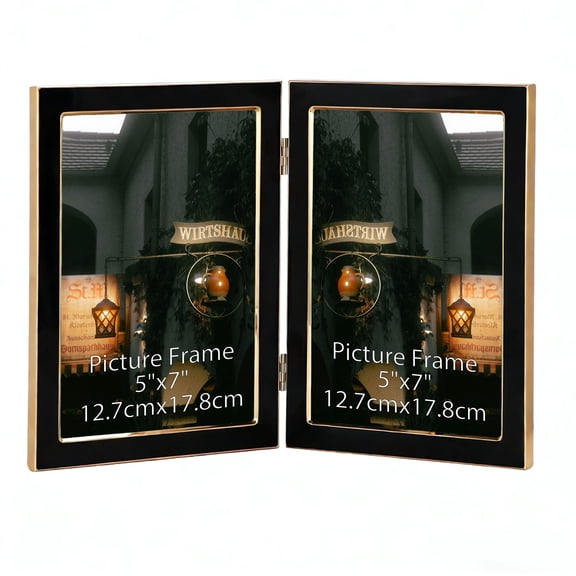 5x7 Double Picture Frame with Tempered Glass, Metal Hinged Frame for Tabletop or Wall, Black