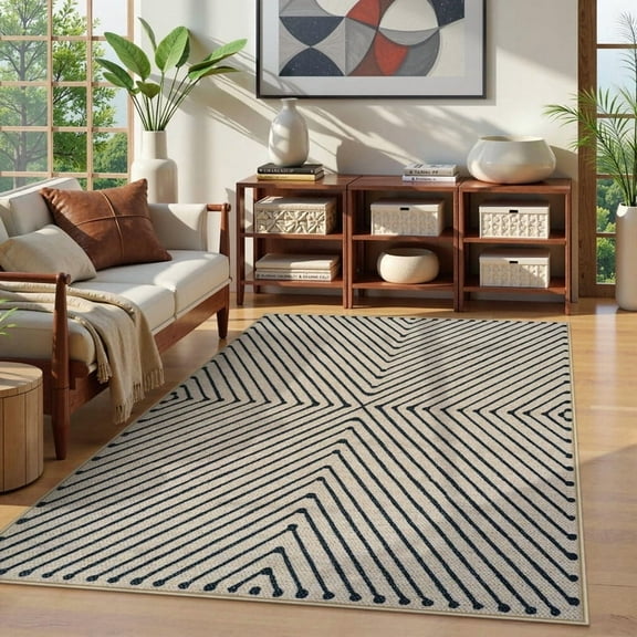 5x7 Easy Jute Area Rugs for Living Room, Modern Geometric Large Carpet Washable Non Slip Checkered Outdoor Rug, Black/Neutral Farmhouse Dining Room Carpets for Bedroom Dorm Outside Patio