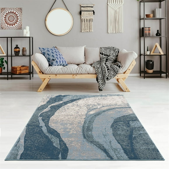 5x7' Feet Abstract Blue Wave Area Rug with Non-slip Reverse, Soft Woven Carpet with Medium Pile, Stylish Woven Rug with Blue Wave Pattern, Ideal for High Traffic Area, Easy to Maintain