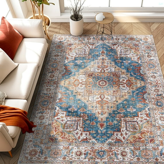 5x7 Floral Area Rug with Blue and Yellow Colors, Machine-woven / Relaxing for Home Office