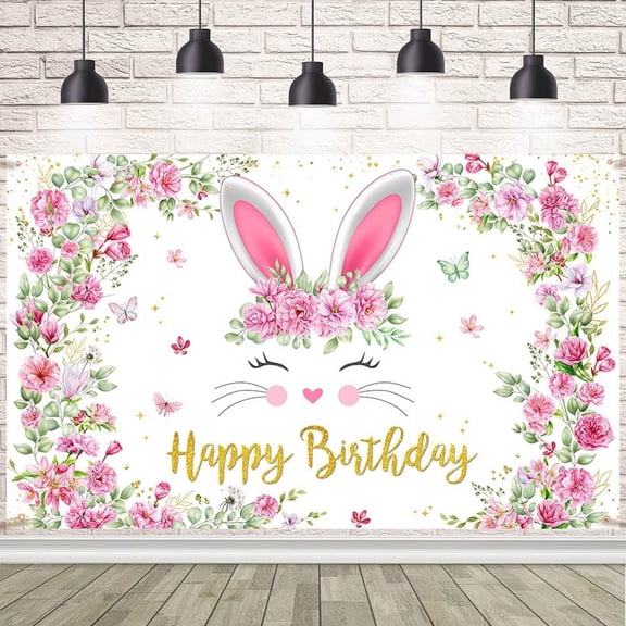 5x7 Ft Bunny Birthday Banner Easter Backdrop Pink Floral Rabbit Spring Photography Photo Background For Girls Kids Party Decorations
