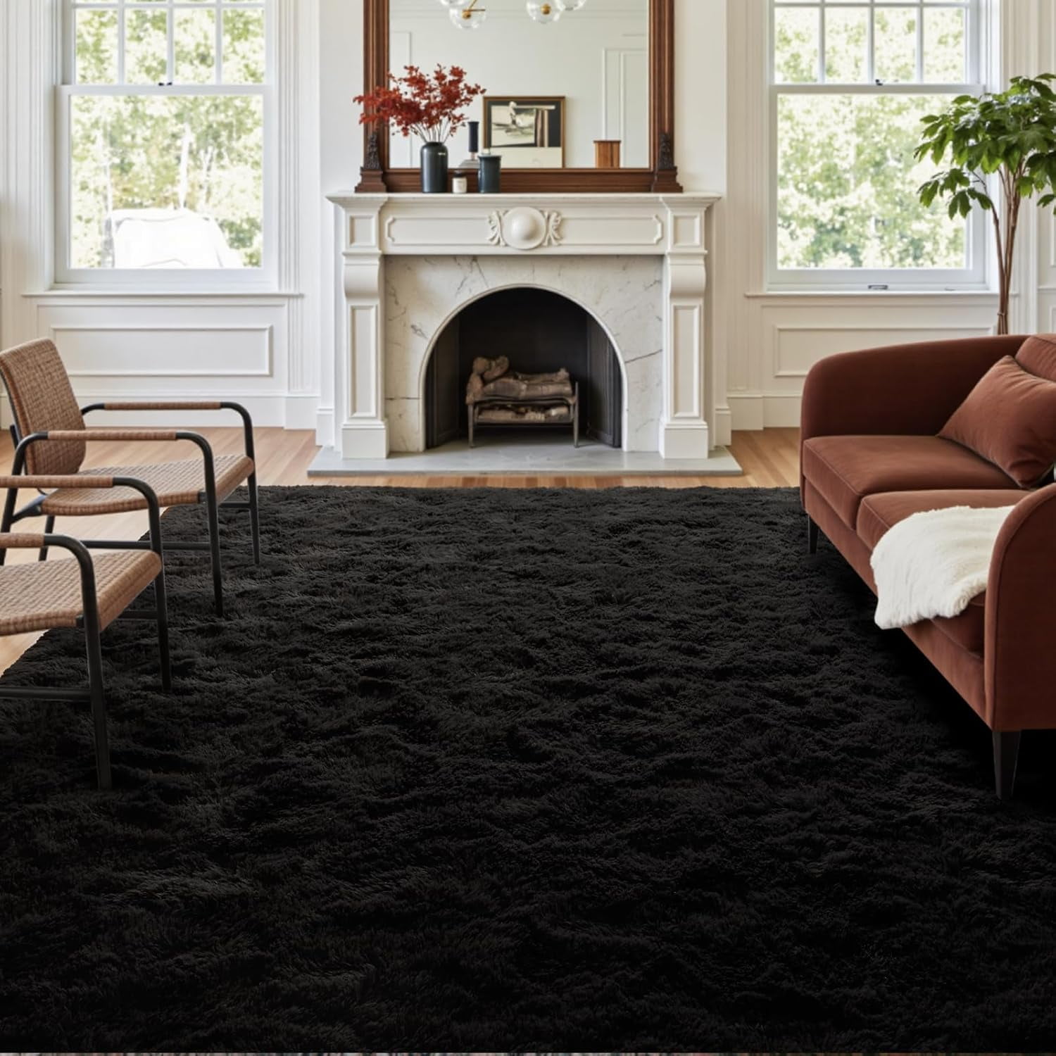 5x7 Ft Large Shag Area Rug, Ultra Soft Fluffy Furry Black Rugs for ...