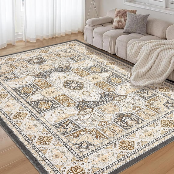 5x7 Ft Modern Geometric Trellis Area Rug, Boho Machine Washable Non-Slip, Vintage Medallion Stain-Resistant Floor Carpet for Living Room (Camel)