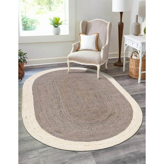 5x7 Ft Oval Gray & White Jute Area Rug, Hand-Woven, Reversible, Farmhouse Boho Style, Durable & Pet-Friendly Rug for Living Room, Dining Room, and Bedroom