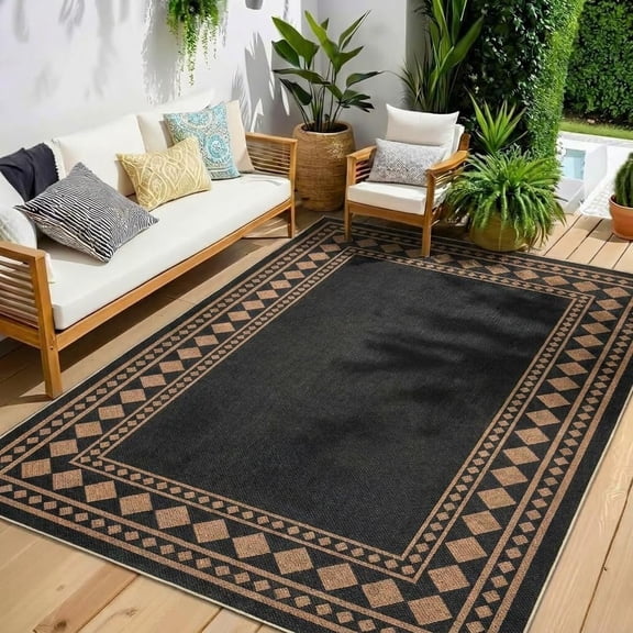 5x7 Geometric Diamond Outdoor Rug, Washable Easy Jute Rug for Entryway, Stain Resistant Non Shedding Neutral Border Area Rugs with Non Slip Backing for Bedroom, Living Room, Patio, Black Brown