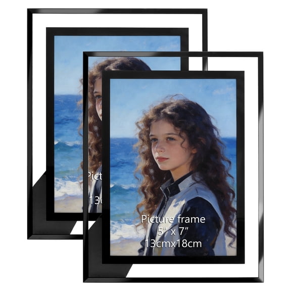 5x7 Glass Picture Frame 2 Pack，5 by 7 Black Clear Floatig Photo Frame Set of 2, Vertical or Horizontal on Tabletop
