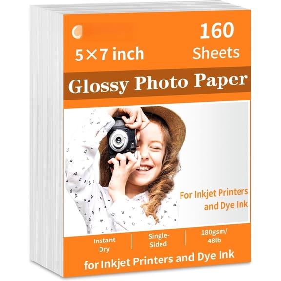 5x7 Glossy Photo Paper, 160 Sheets Picture Paper for Inkjet Printer, 180gsm/48lb