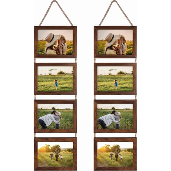 5x7 Hanging Collage Picture Frames Set of 2, Walnut Brown 8 Opening Horizontal Frame Made to Display 5 by 7 Inch Photo for Wall Decor