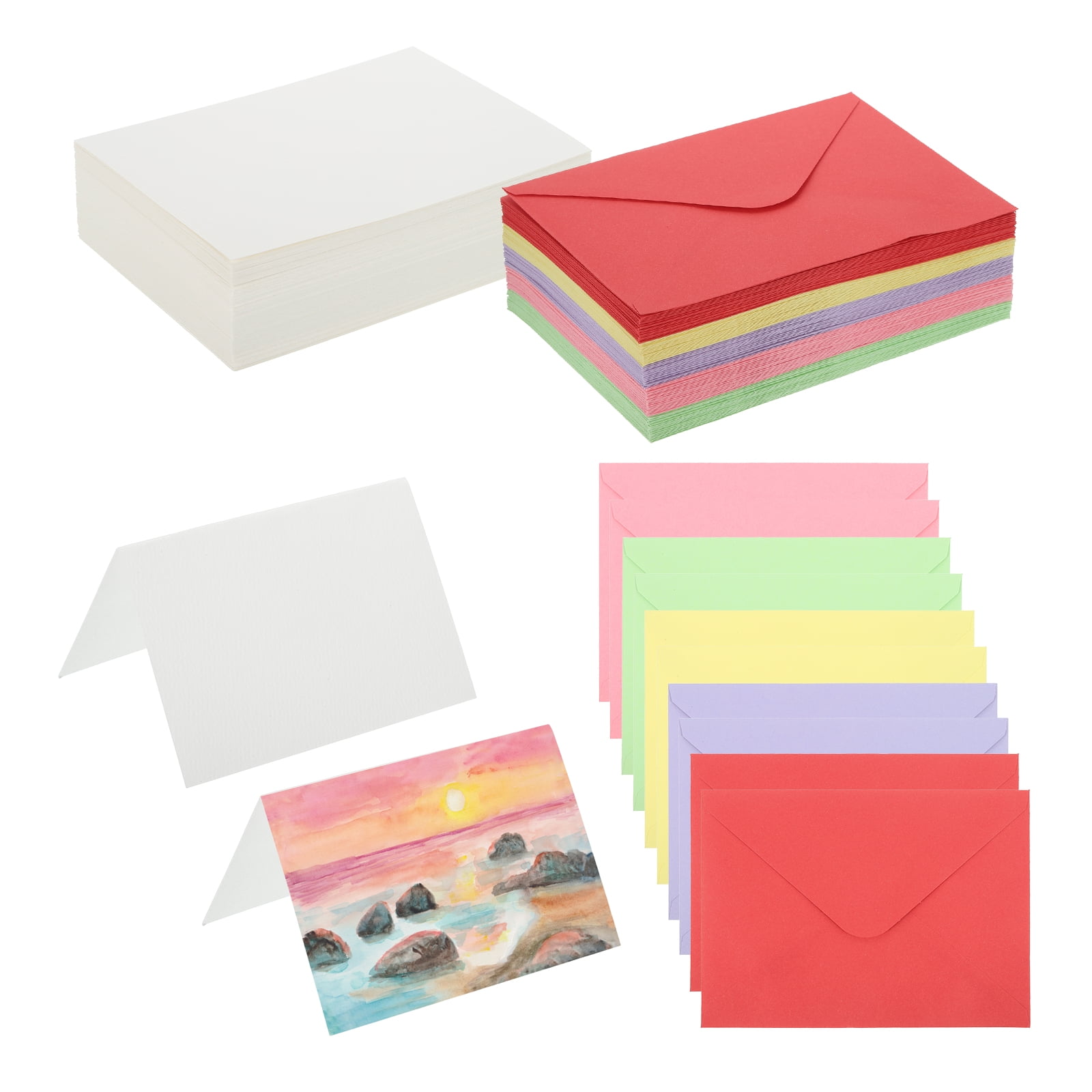5x7 Inch Pure Cotton Watercolor Cards, 100 Sets Postcards with Envelopes 92lb/250 GSM for Art Painting Creative Thank Notes, 5 Colors