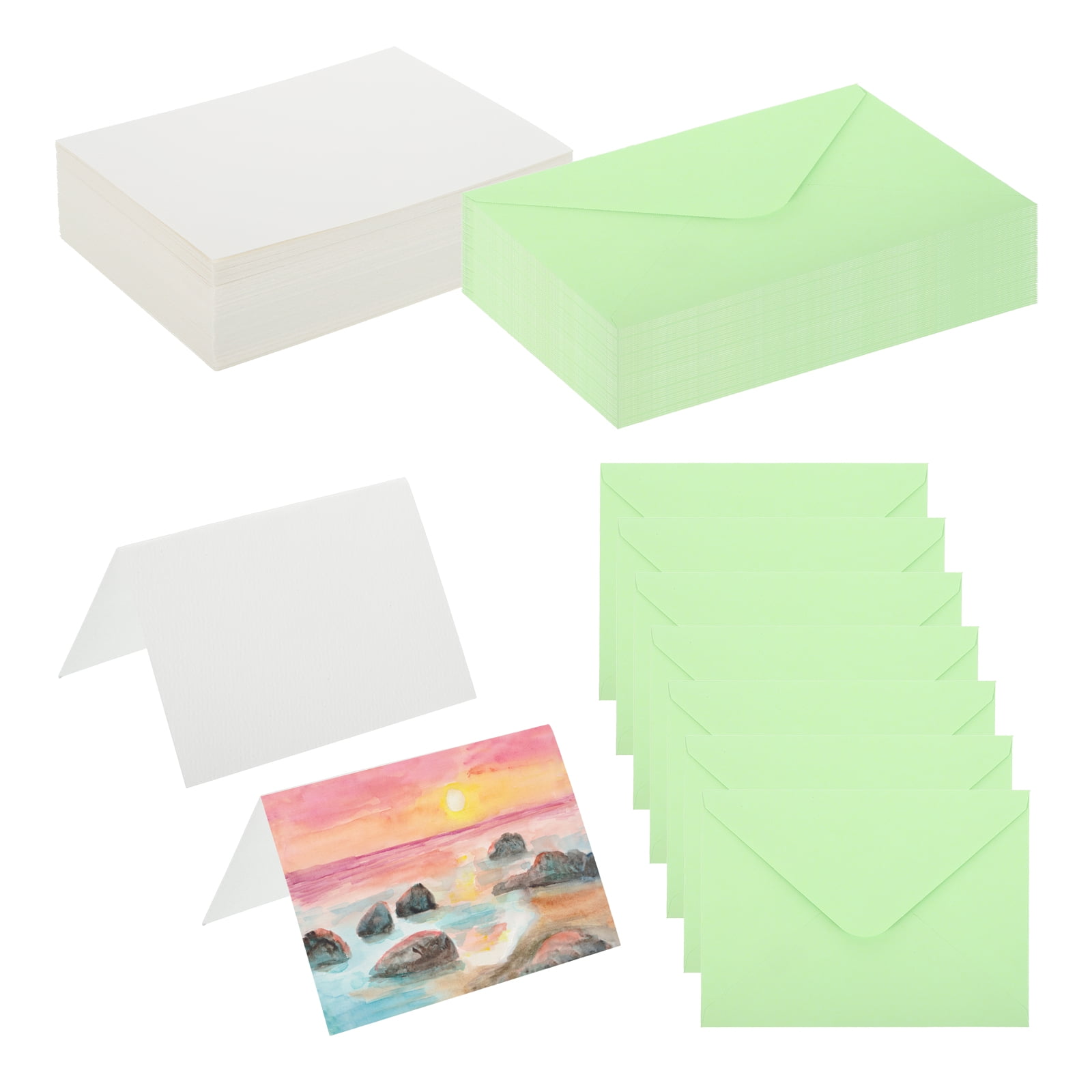 5x7 Inch Pure Cotton Watercolor Cards, 100 Sets Postcards with Envelopes 92lb/250 GSM for Art Painting Creative Thank Notes, Green