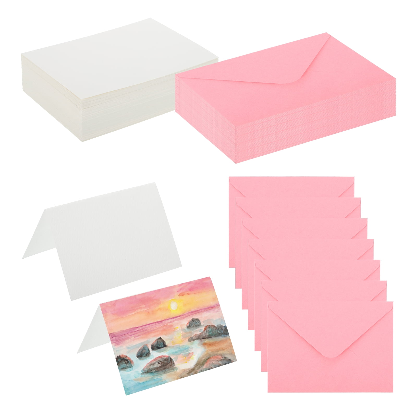 5x7 Inch Pure Cotton Watercolor Cards, 100 Sets Postcards with Envelopes 92lb/250 GSM for Art Painting Creative Thank Notes, Pink