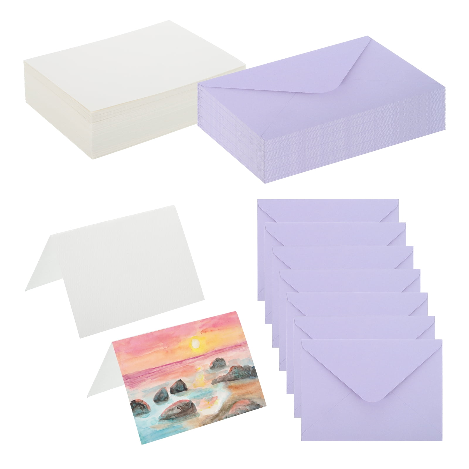 5x7 Inch Pure Cotton Watercolor Cards, 100 Sets Postcards with Envelopes 92lb/250 GSM for Art Painting Creative Thank Notes, Purple
