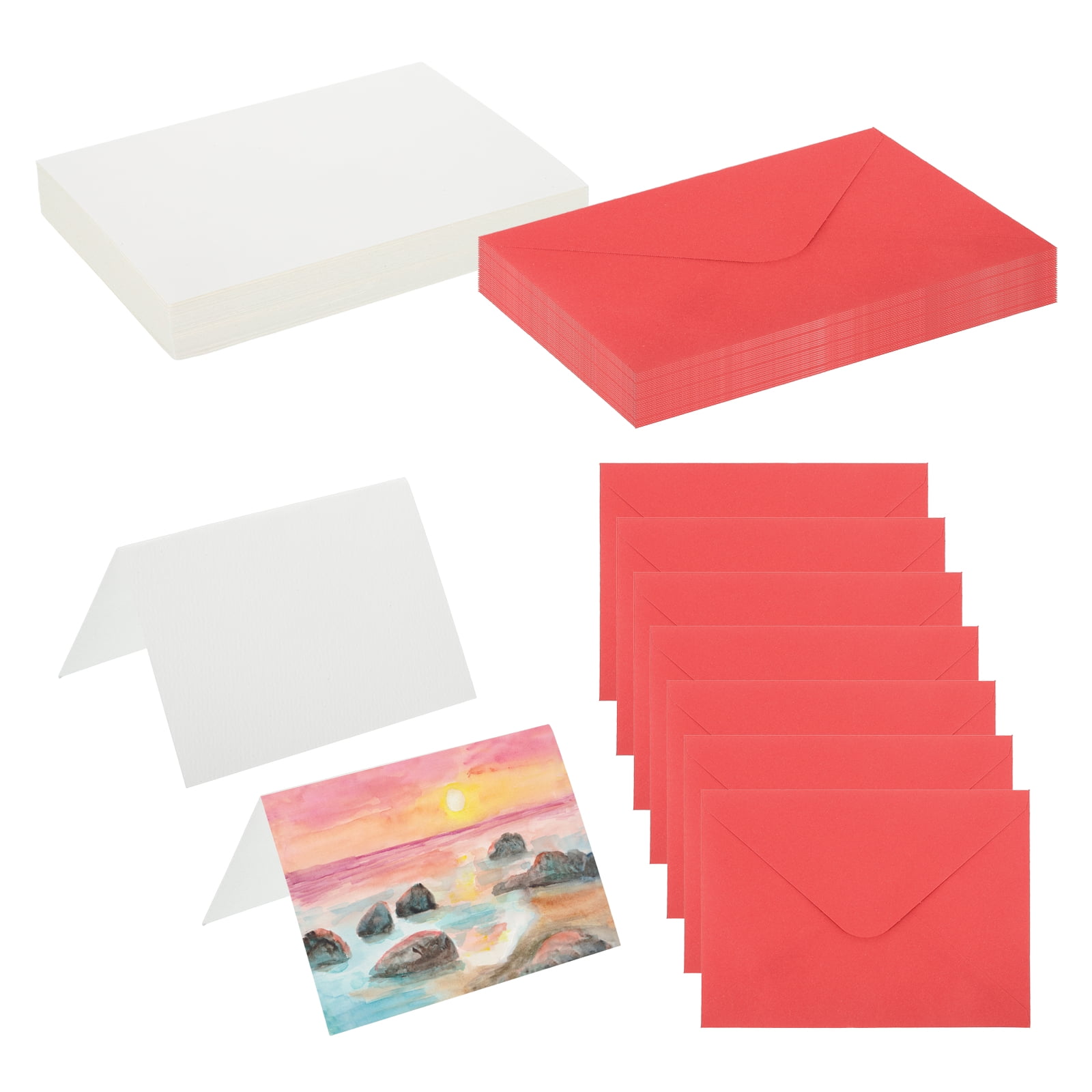 5x7 Inch Pure Cotton Watercolor Cards, 50 Sets Postcards with Envelopes 140lb/300 GSM for Art Painting Creative Thank Notes, Red